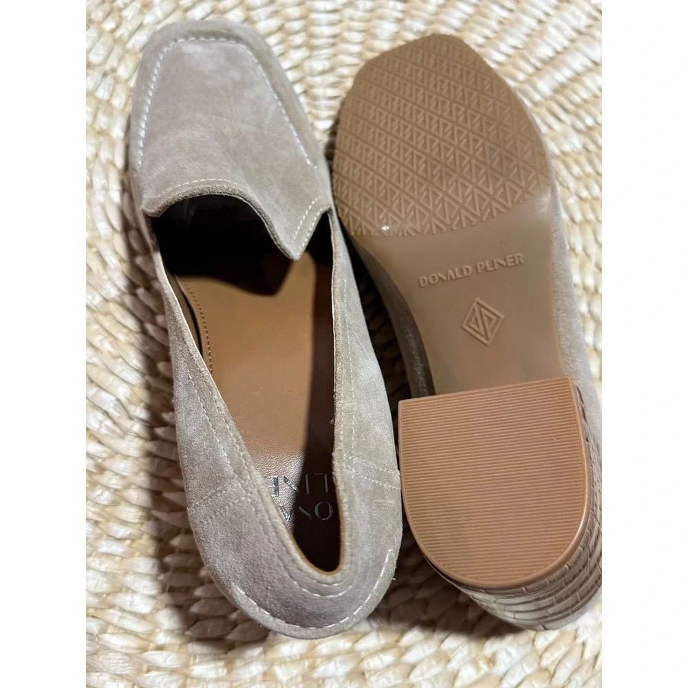 Donald Pliner Suede Loafer Block Heel Dress Shoes Square Toe Slip On‎ Taupe 6